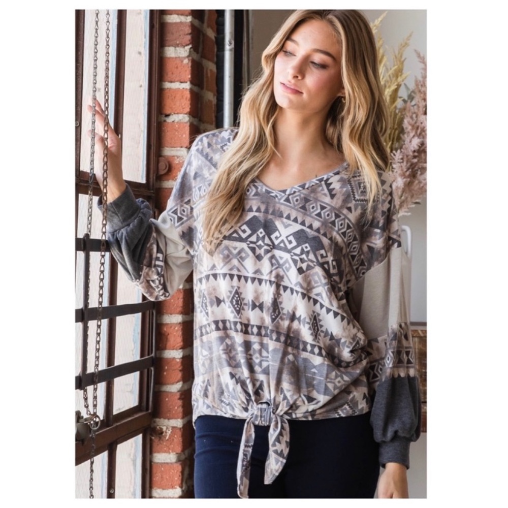 21. $7 LAST ONE ✨ Aztec Ruffled Sleeve Self Tie Front Top - Picture 2 of 4